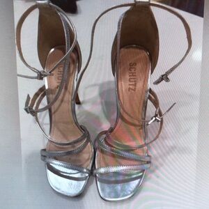 Metallic Silver Strappy High Heel Sandals